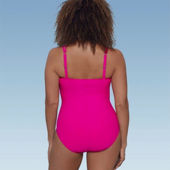 Women's UPF 50 V-Neck Shirred One Piece Swimsuit - Aqua Green Pink L - Picture 6 of 6